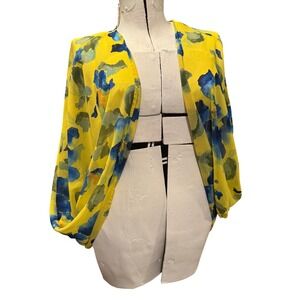 Floral Kimono Yellow Blue Open Front Cover Up Lightweight Cardigan Small S‎